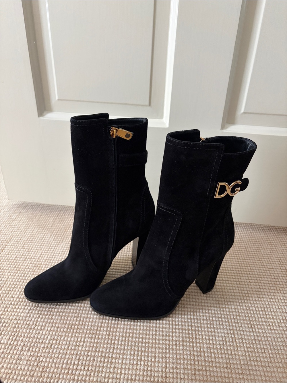 Dolce & Gabbana Black Suede Ankle Boots with Gold DG Hardware